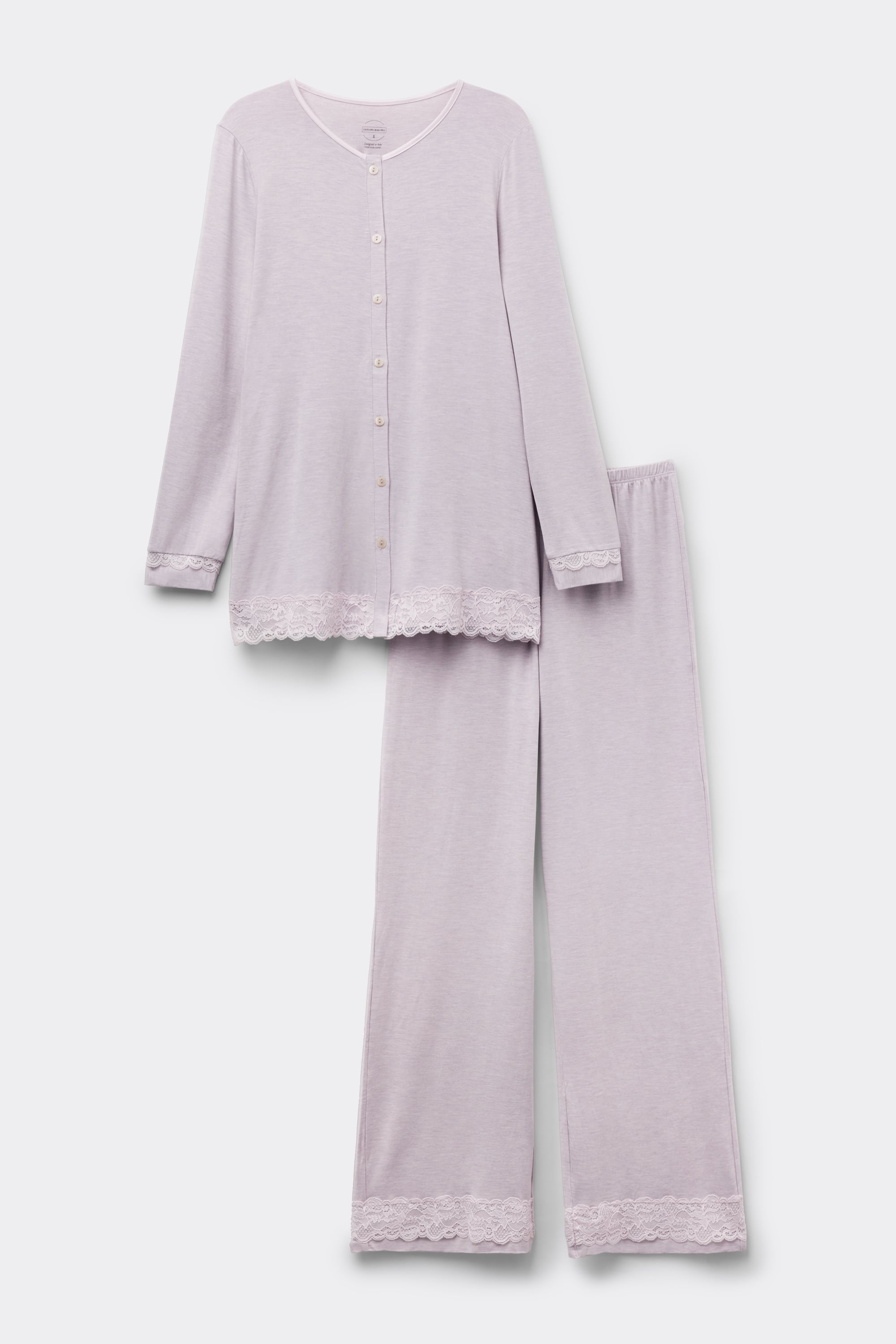 Lace Trim Button Up Full Length Pajamas in Modal