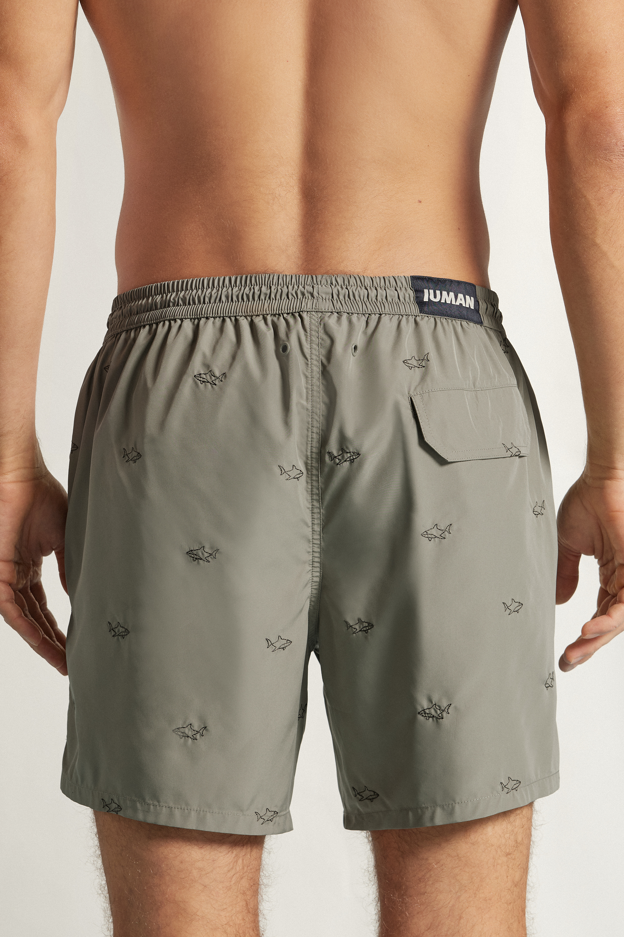 Alternative view of Swim Trunks with Embroidered Sharks