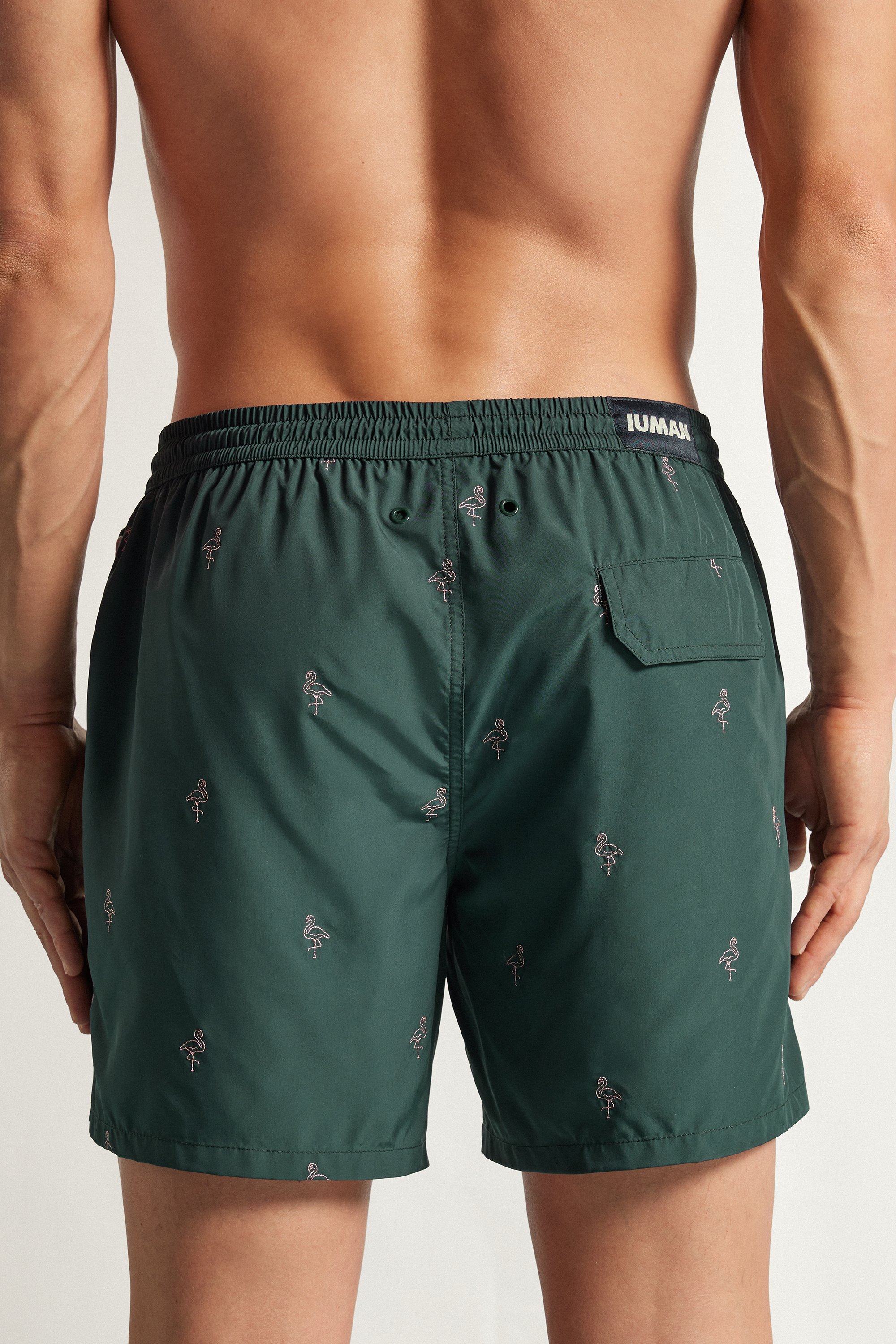 Alternative view of Swim Trunks with Embroidered Flamingos