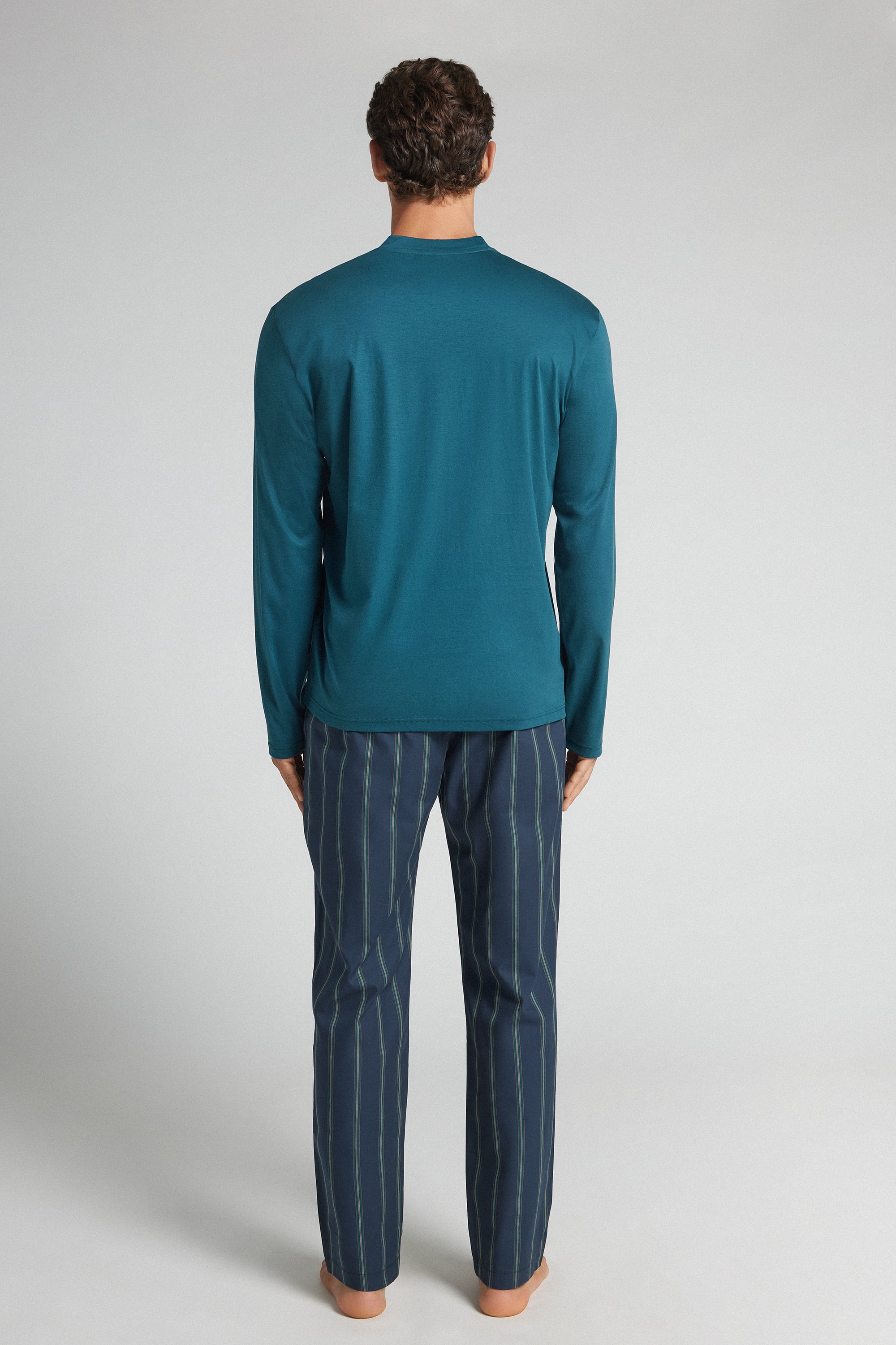 Alternative view of Full Length V-Neck Pajamas in Mercerized Cotton Cloth and filo Premium