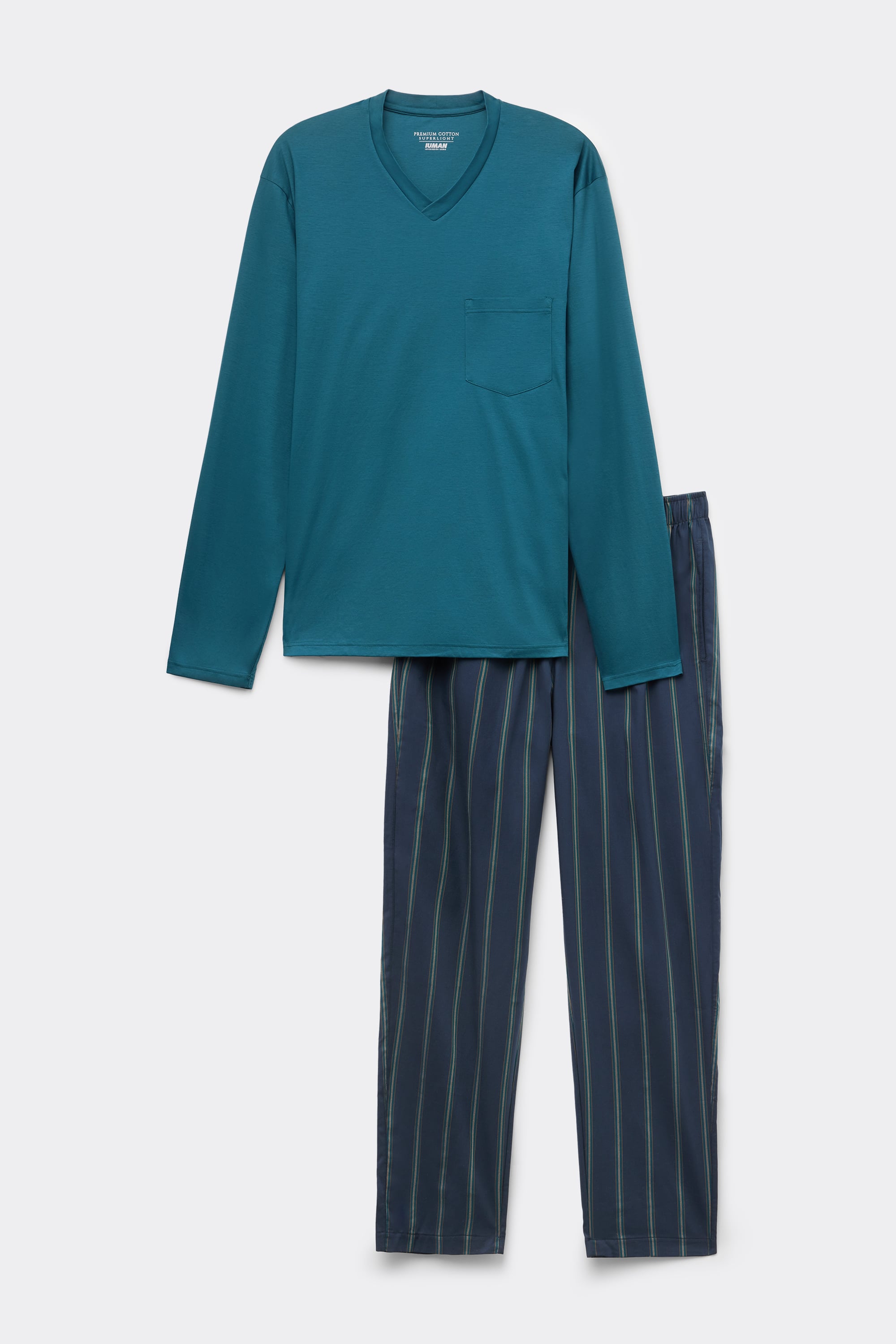 Full Length V-Neck Pajamas in Mercerized Cotton Cloth and filo Premium