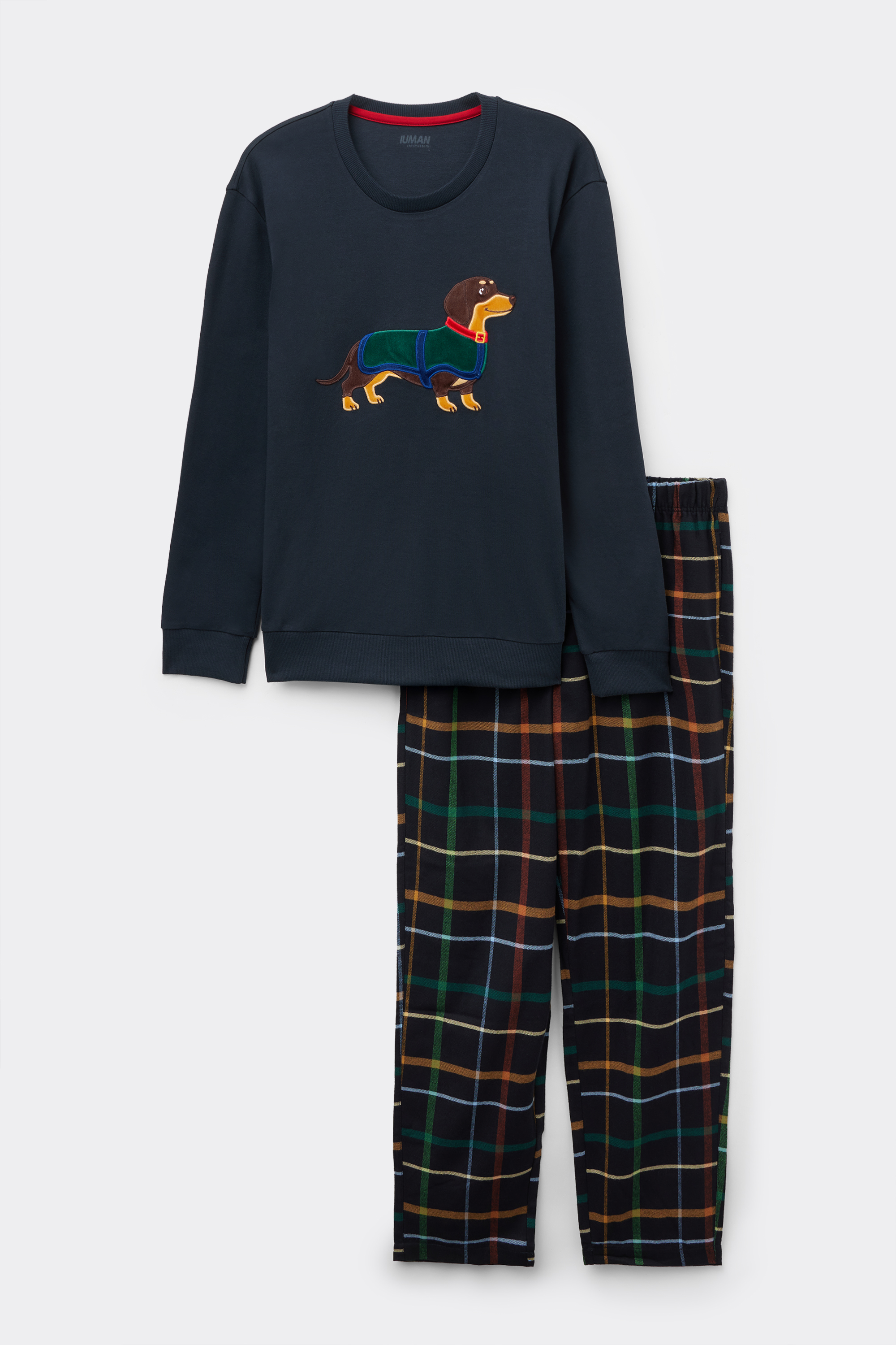 Men’s Full Length Cotton Pajamas with Dachshund Embroidery