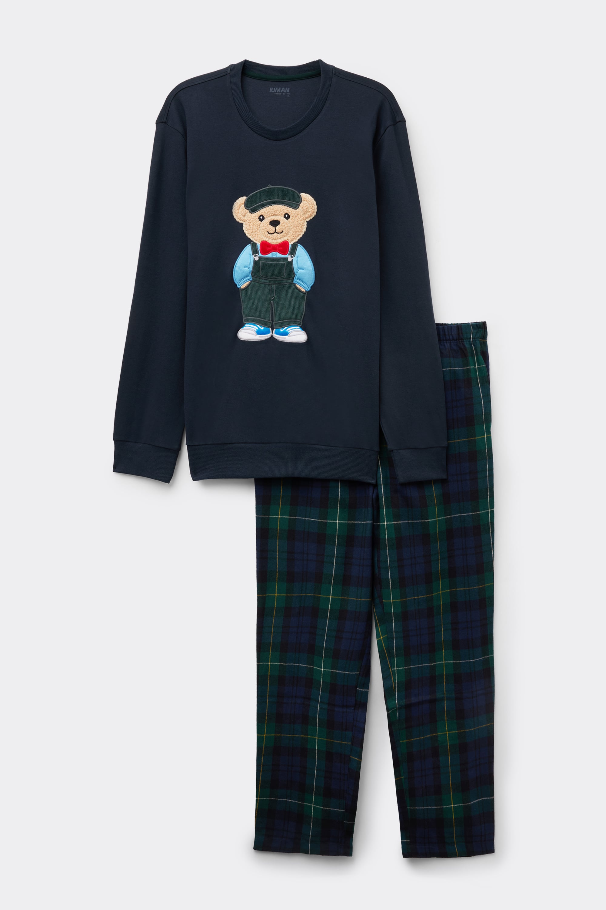 Men’s Full Length Cotton Pajamas with Gentleman Bear Embroidery